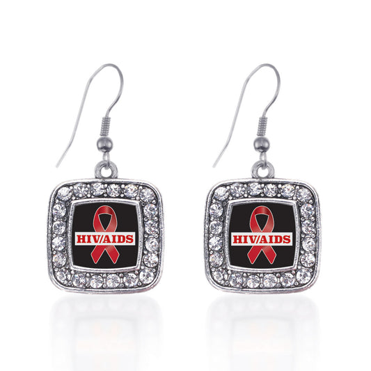 Silver HIV/AIDS Awareness Ribbon Square Charm Dangle Earrings