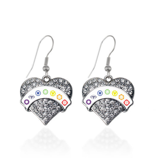 Silver Chakra Symbols - White Banner Pave Heart Charm Dangle Earrings