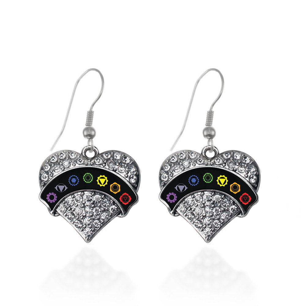 Silver Chakra Symbols - Black Banner Pave Heart Charm Dangle Earrings
