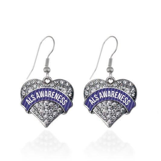 Silver ALS Awareness Pave Heart Charm Dangle Earrings