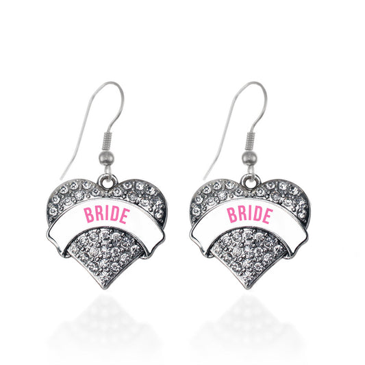Silver White Banner Bride Pave Heart Charm Dangle Earrings