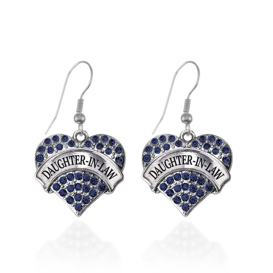 Silver Daughter-In-Law Blue Pave Heart Charm Dangle Earrings