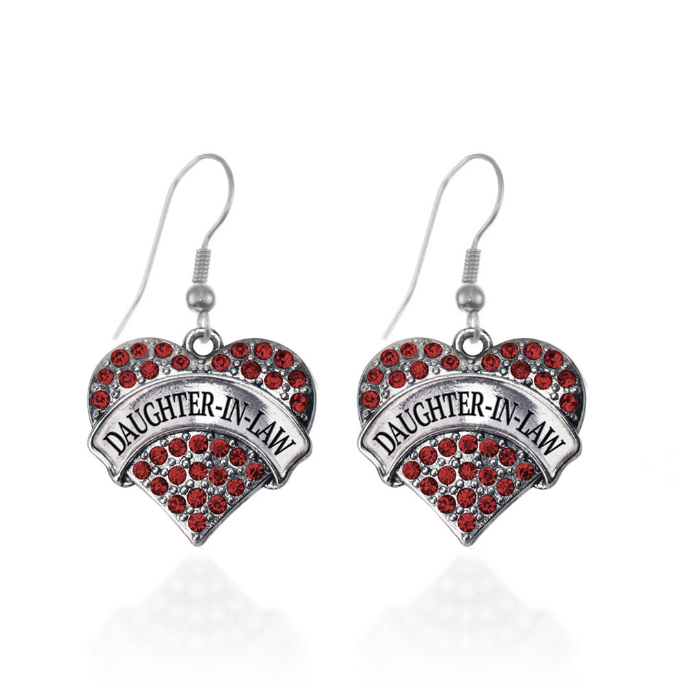 Silver Daughter-In-Law Red Pave Heart Charm Dangle Earrings