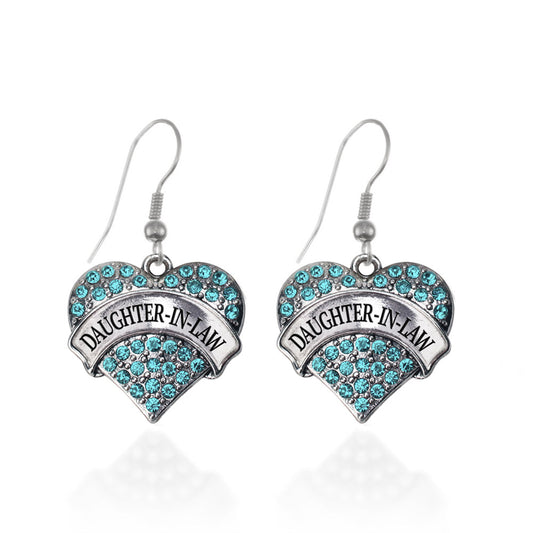 Silver Daughter-In-Law Aqua Pave Heart Charm Dangle Earrings