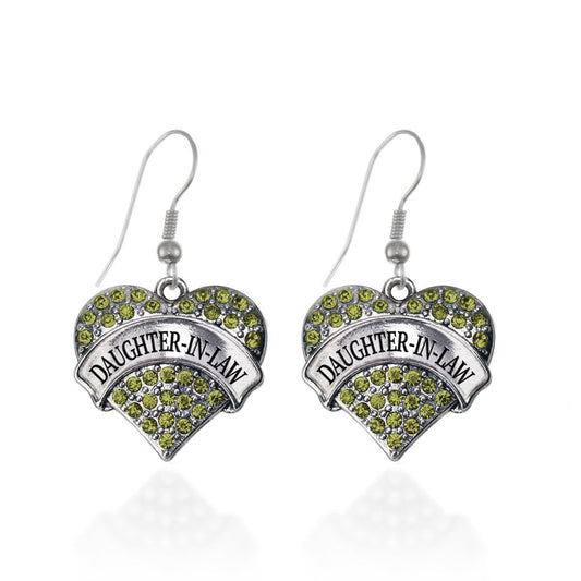 Silver Daughter-In-Law Green Pave Heart Charm Dangle Earrings