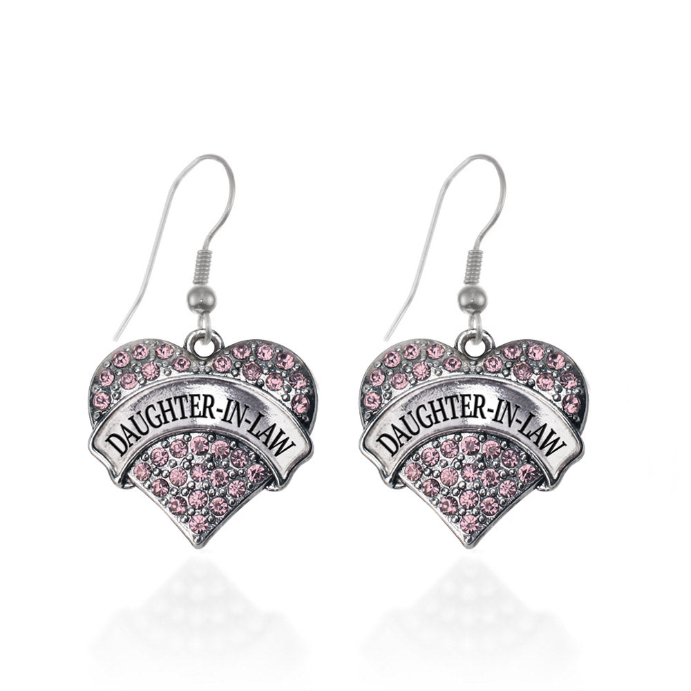 Silver Daughter-in-Law Pink Pave Heart Charm Dangle Earrings