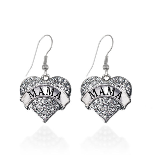 Silver Mama Pave Heart Charm Dangle Earrings