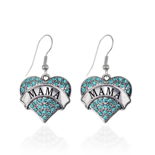 Silver Mama Aqua Pave Heart Charm Dangle Earrings