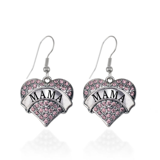 Silver Mama Pink Pave Heart Charm Dangle Earrings