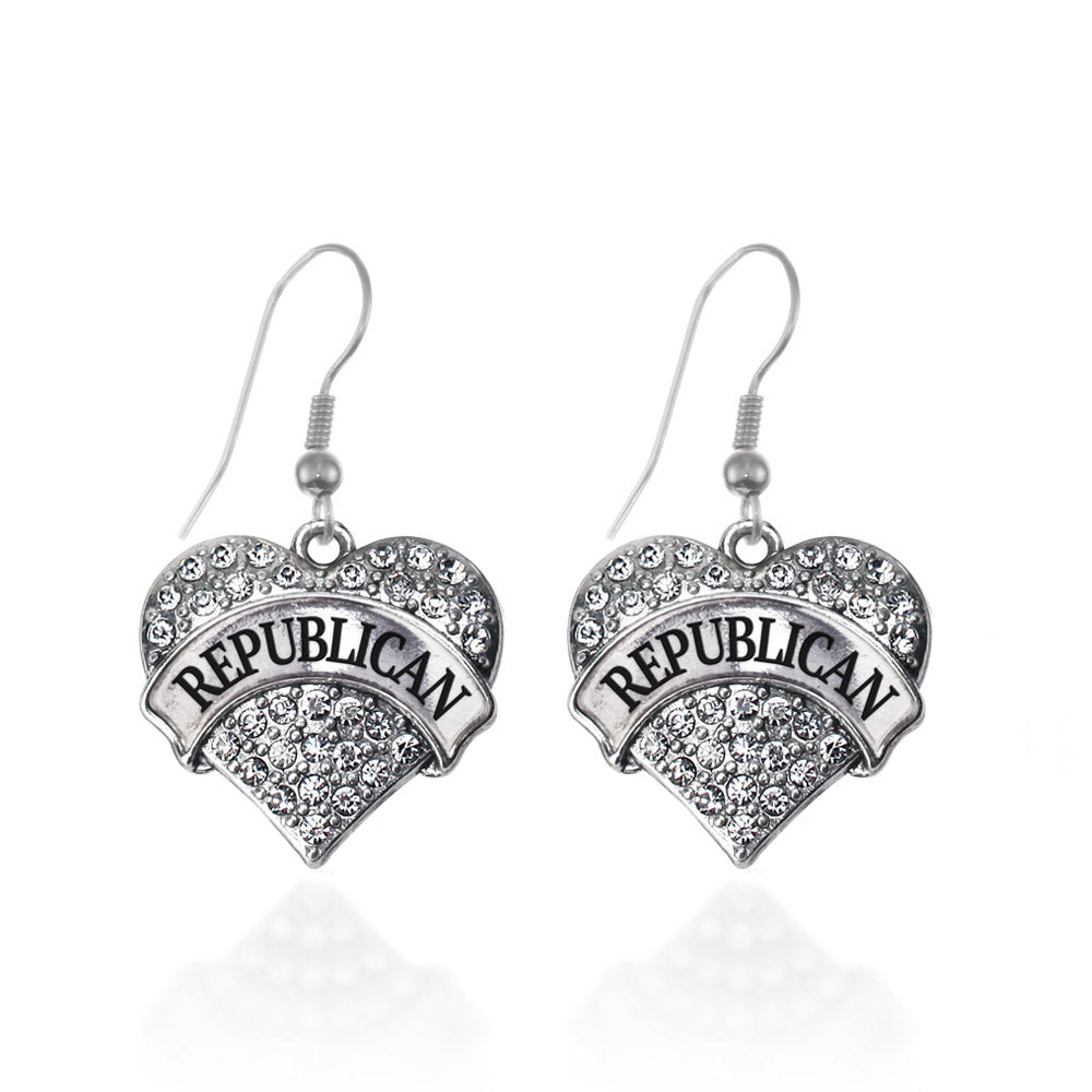 Silver Republican Pave Heart Charm Dangle Earrings