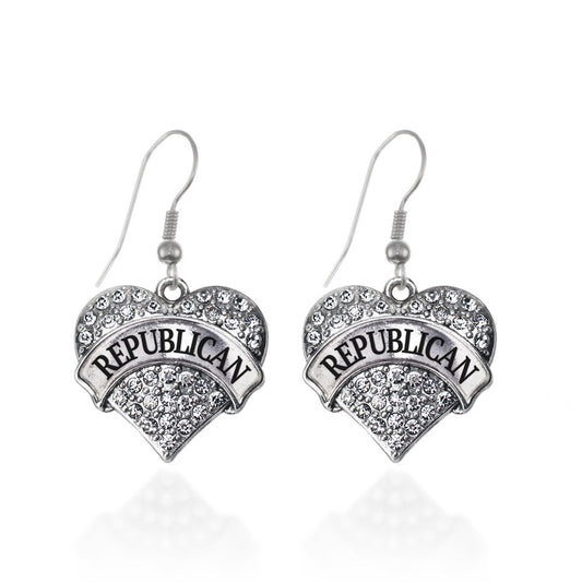 Silver Republican Pave Heart Charm Dangle Earrings