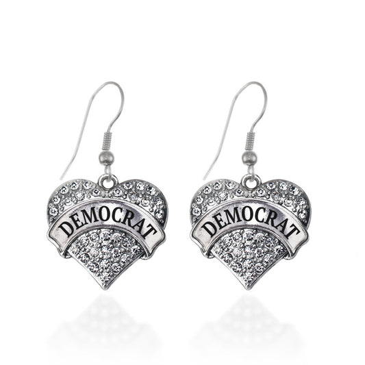 Silver Democrat Pave Heart Charm Dangle Earrings