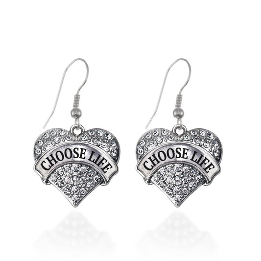 Silver Choose Life Pave Heart Charm Dangle Earrings