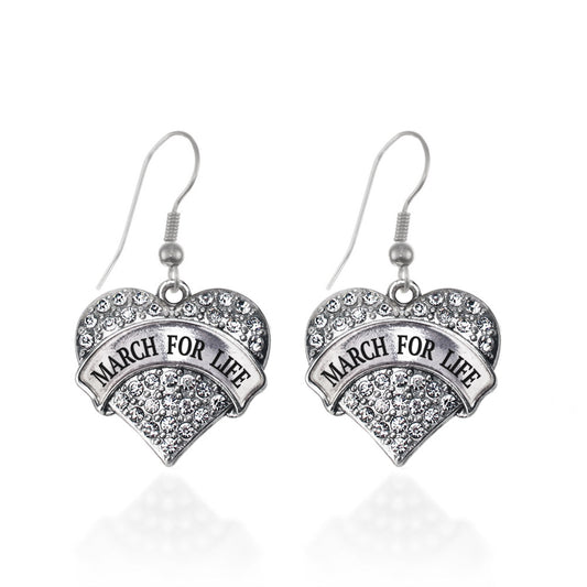 Silver March for Life Pave Heart Charm Dangle Earrings