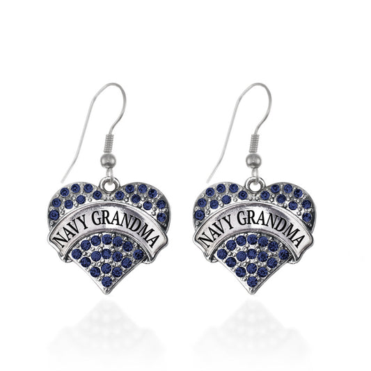 Silver Navy Grandma Blue Pave Heart Charm Dangle Earrings
