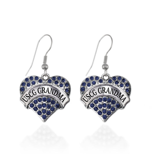Silver USCG Grandma Blue Pave Heart Charm Dangle Earrings