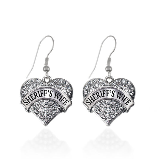 Silver Sheriff's Wife Pave Heart Charm Dangle Earrings