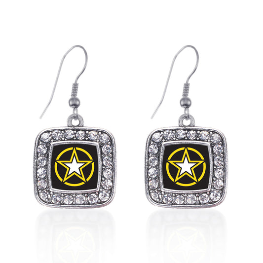 Silver Army Star Square Charm Dangle Earrings