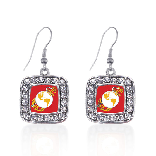 Silver Marine Symbol Square Charm Dangle Earrings