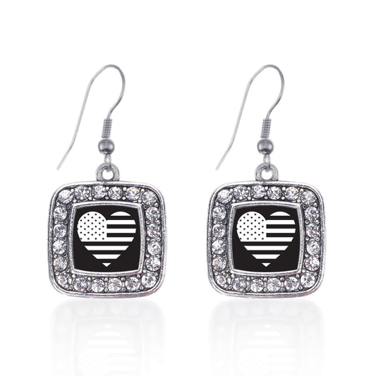 Silver Black and White USA Flag Heart Square Charm Dangle Earrings