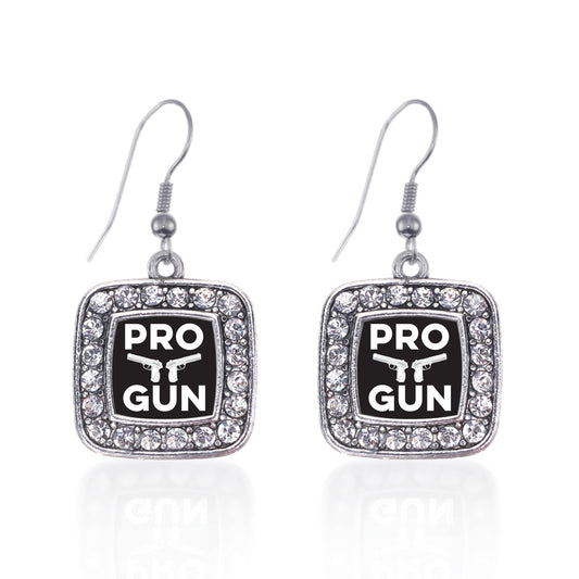 Silver Pro Gun Square Charm Dangle Earrings