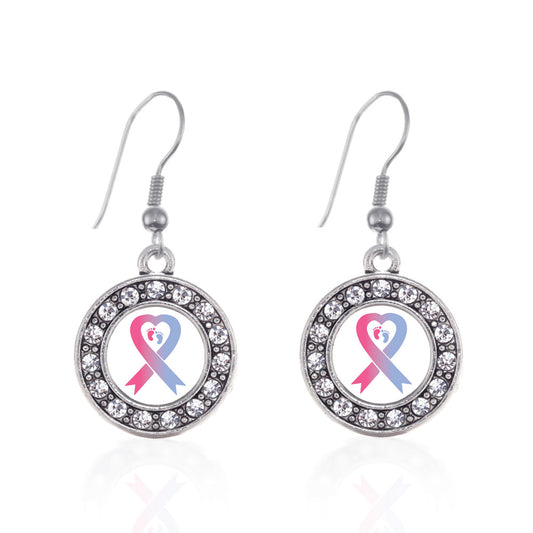 Silver Pro-Life Ribbon Circle Charm Dangle Earrings