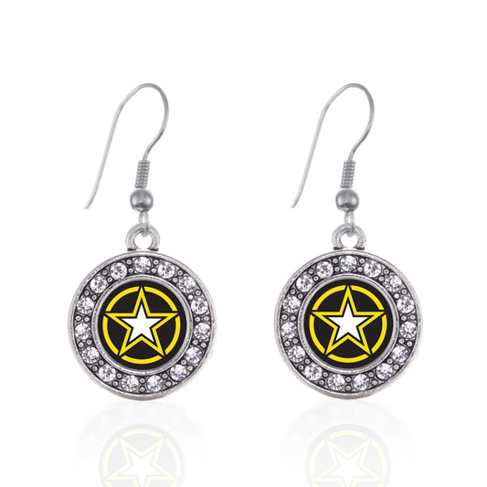 Silver Army Star Circle Charm Dangle Earrings