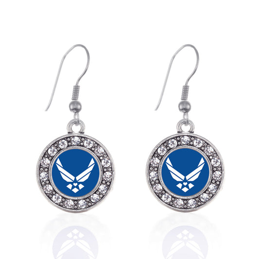 Silver Air Force Symbol Circle Charm Dangle Earrings