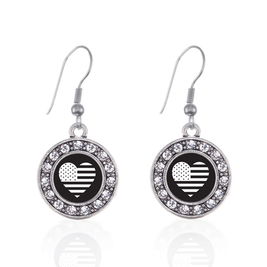 Silver Black and White USA Flag Heart Circle Charm Dangle Earrings