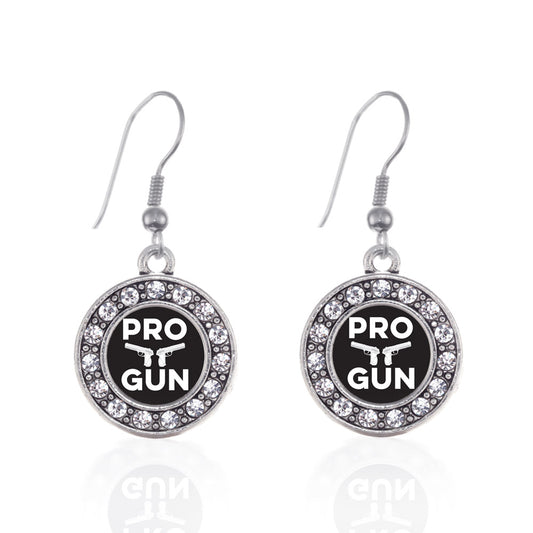 Silver Pro Gun Circle Charm Dangle Earrings