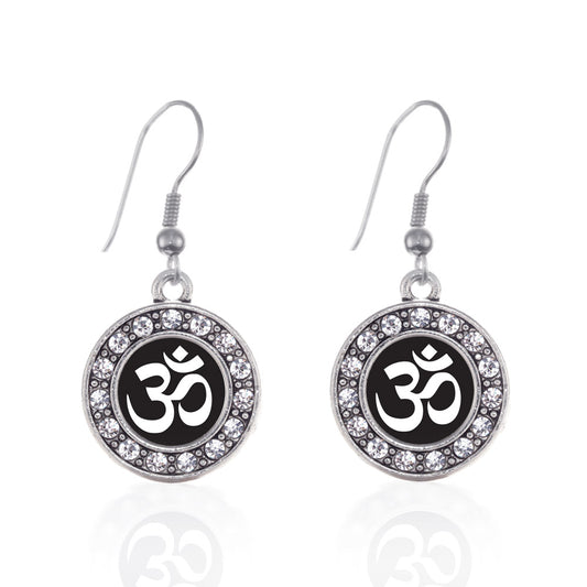 Silver OM - Black and White Circle Charm Dangle Earrings