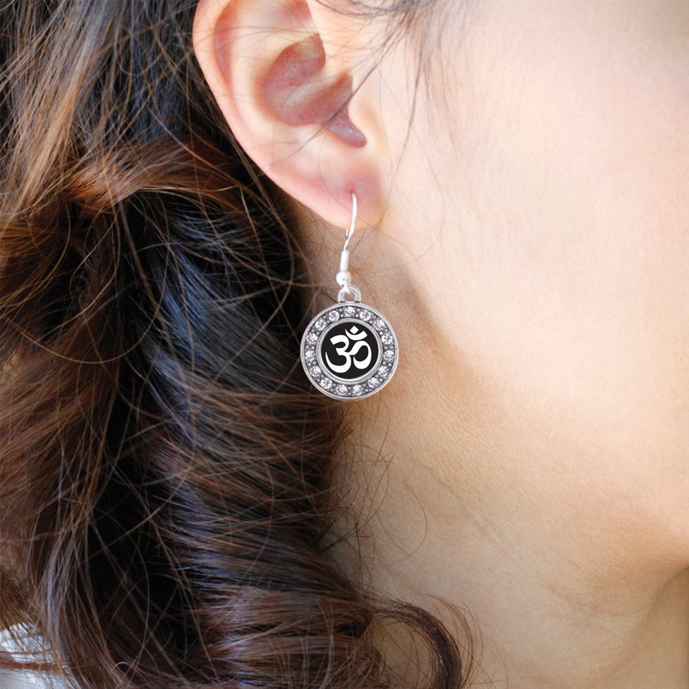 Silver OM - Black and White Circle Charm Dangle Earrings
