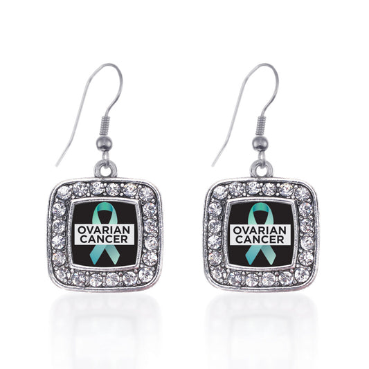 Silver Ovarian Cancer Square Charm Dangle Earrings