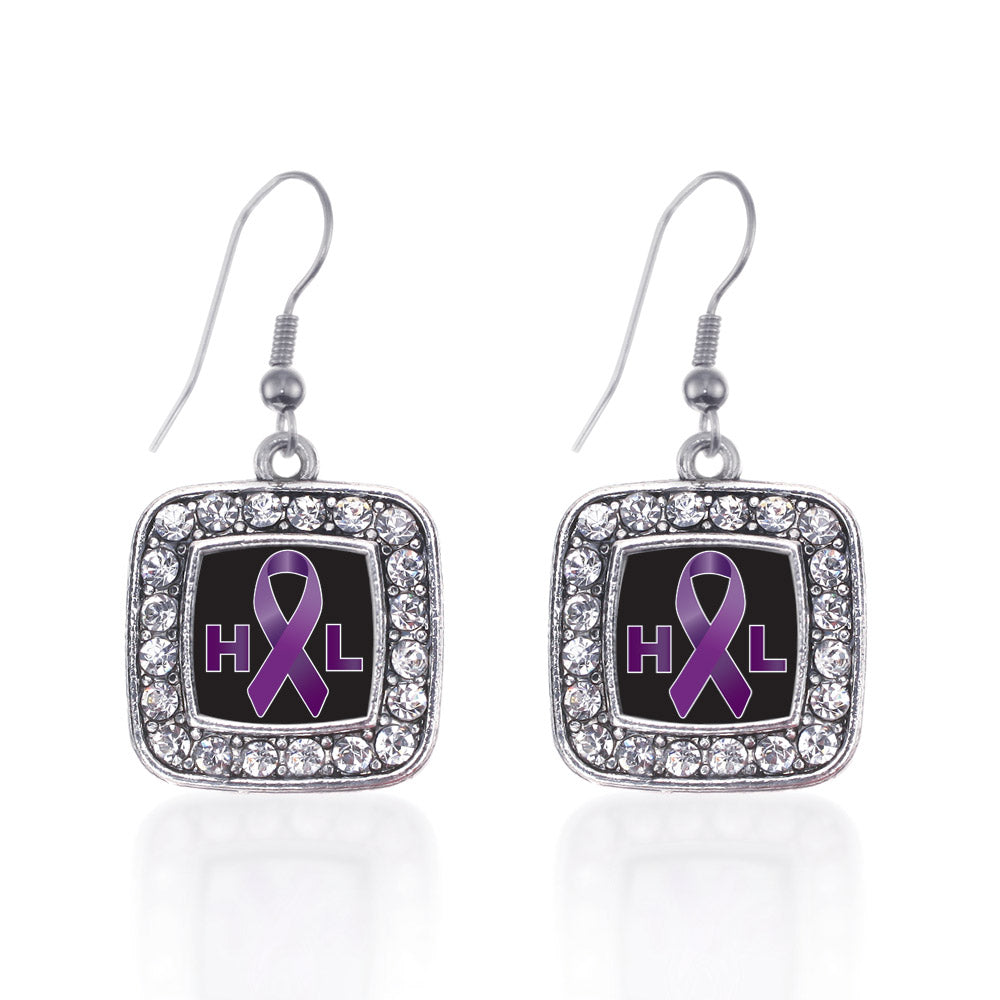 Silver Hodgkin's Lymphoma Support Square Charm Dangle Earrings
