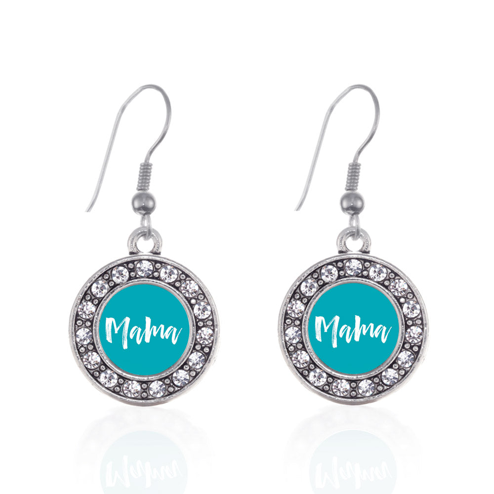 Silver Blue Mama Circle Charm Dangle Earrings