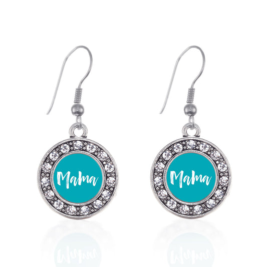 Silver Blue Mama Circle Charm Dangle Earrings
