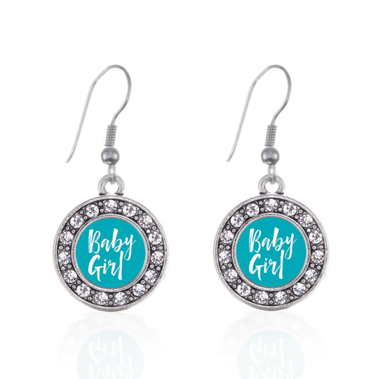 Silver Blue Baby Girl Circle Charm Dangle Earrings