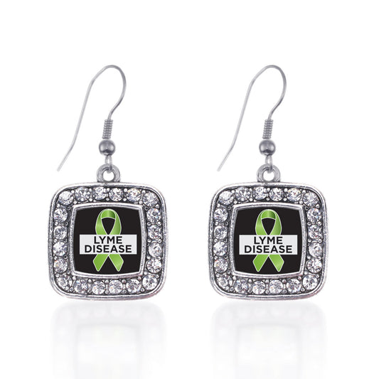 Silver Lyme Disease Support and Awareness Square Charm Dangle Earrings