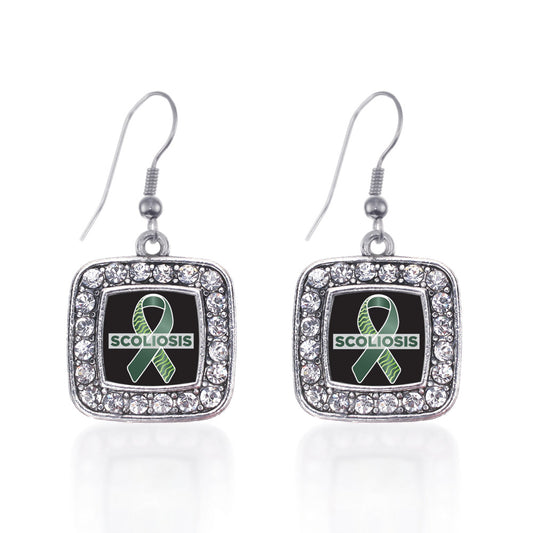 Silver Scoliosis Support and Awareness Square Charm Dangle Earrings