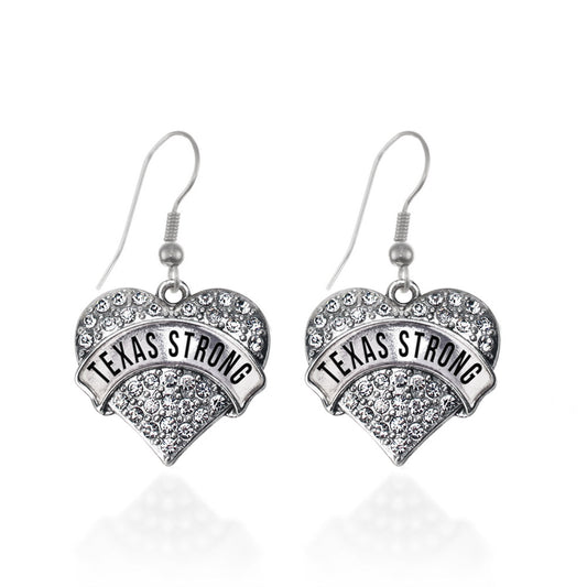 Silver Texas Strong Pave Heart Charm Dangle Earrings