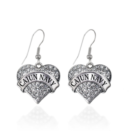 Silver Cajun Navy Pave Heart Charm Dangle Earrings