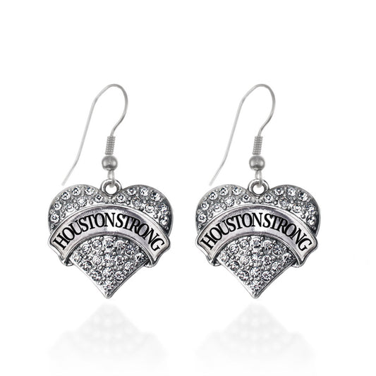 Silver Houston Strong Pave Heart Charm Dangle Earrings