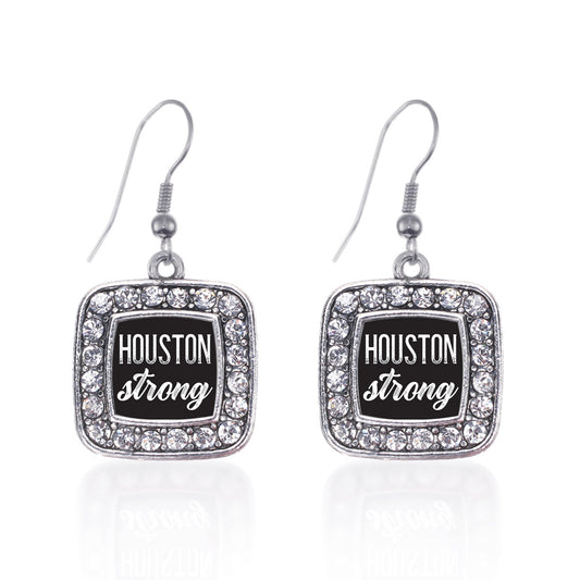Silver Script Houston Strong Square Charm Dangle Earrings