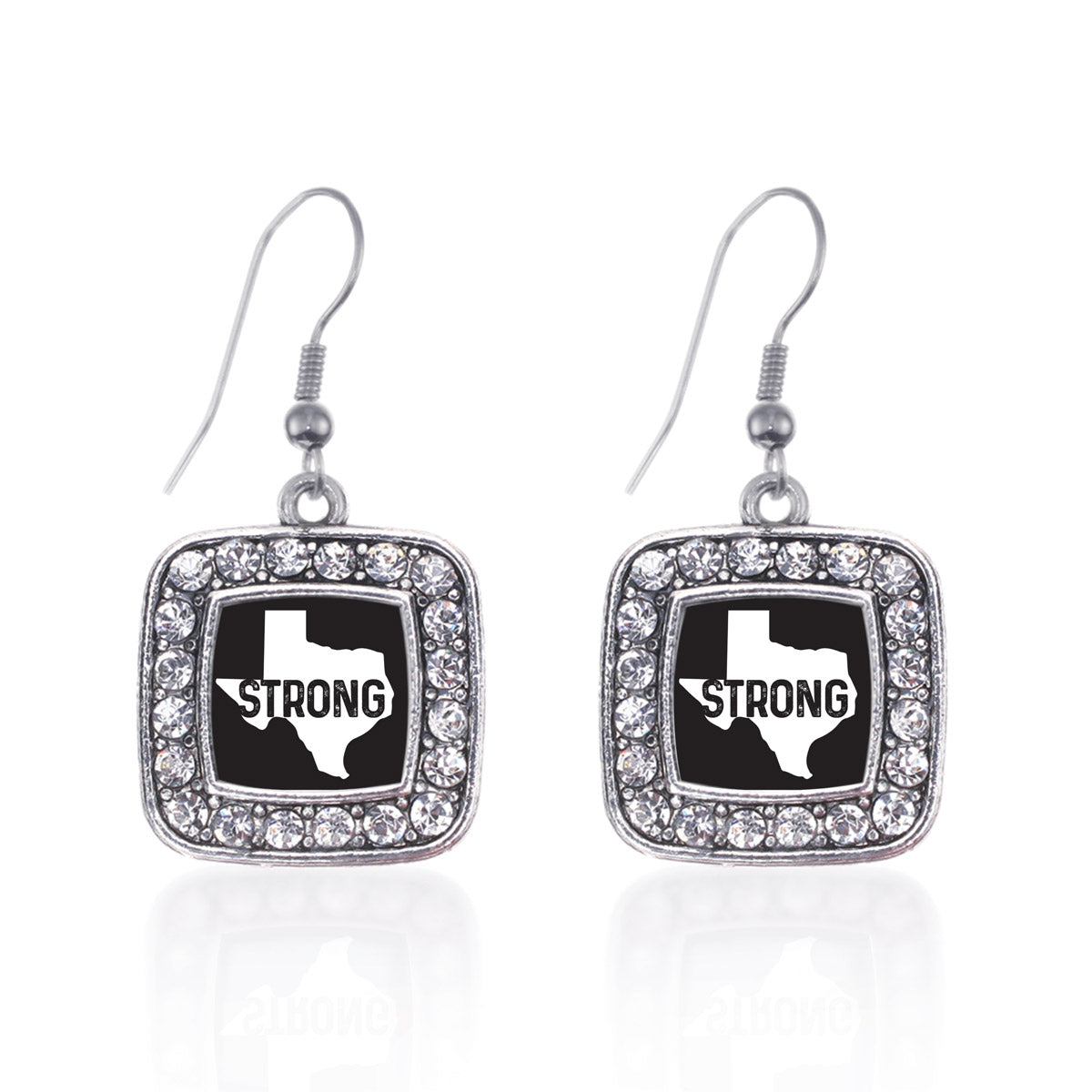 Silver Texas Strong - State Silhouette Black and White Square Charm Dangle Earrings