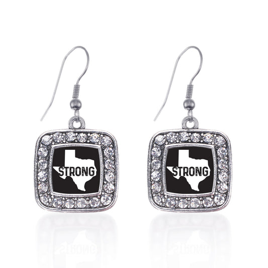 Silver Texas Strong - State Silhouette Black and White Square Charm Dangle Earrings