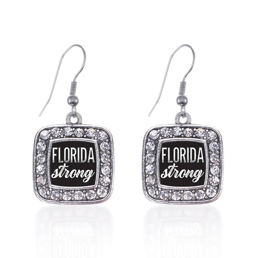 Silver Script Florida Strong Square Charm Dangle Earrings