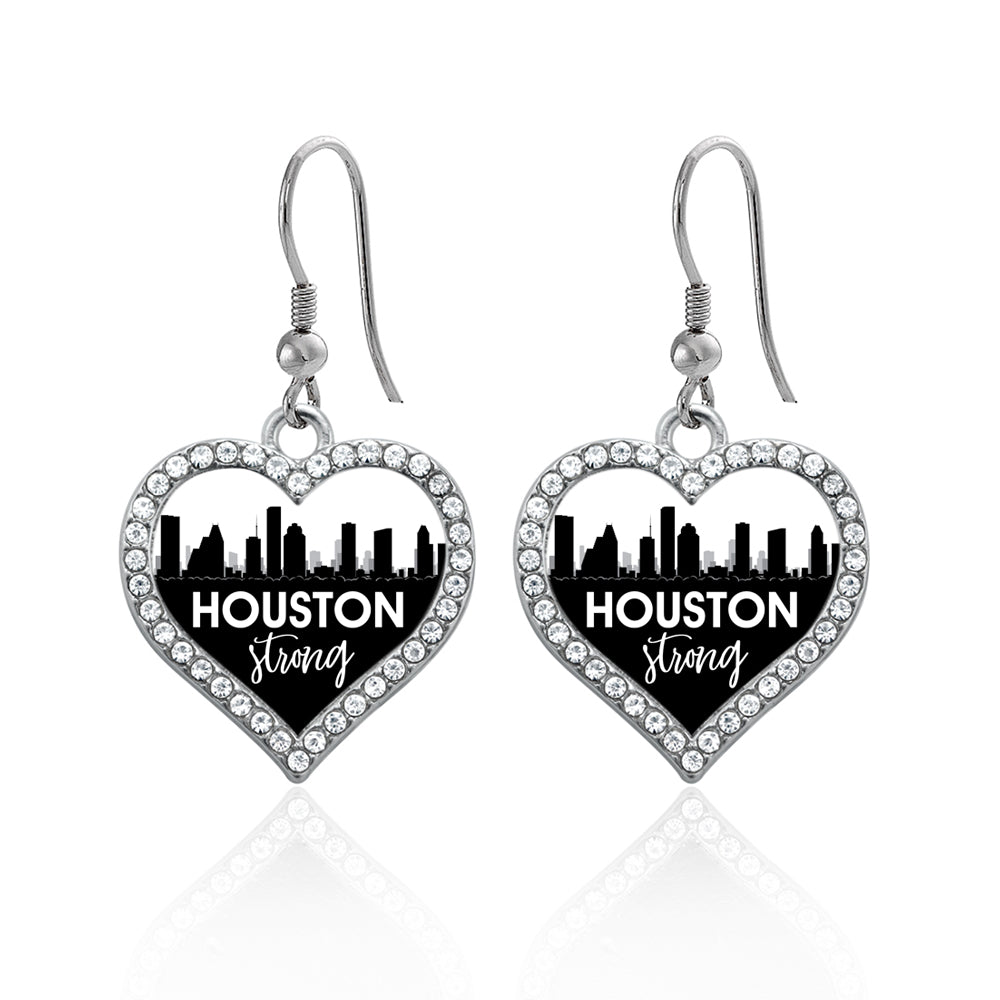 Silver Houston Strong - City Skyline Open Heart Charm Dangle Earrings