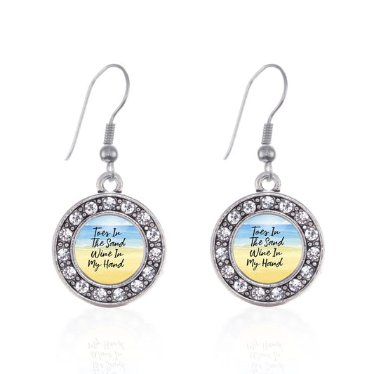 Silver Toes in the Sand, Wine in My Hand Circle Charm Dangle Earrings