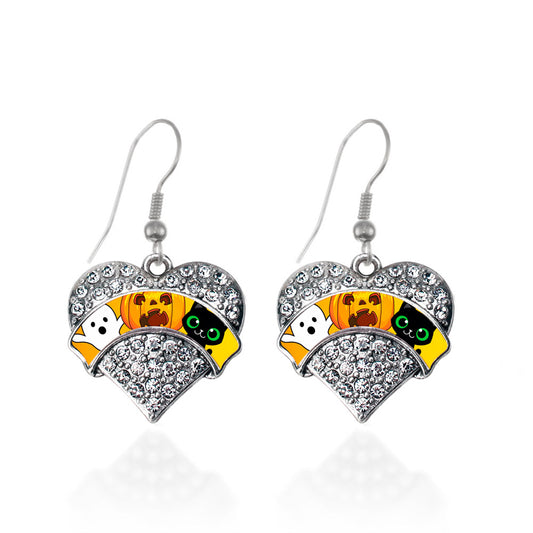 Silver Cute Halloween Trio Pave Heart Charm Dangle Earrings