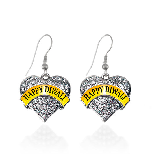 Silver Happy Diwali Pave Heart Charm Dangle Earrings